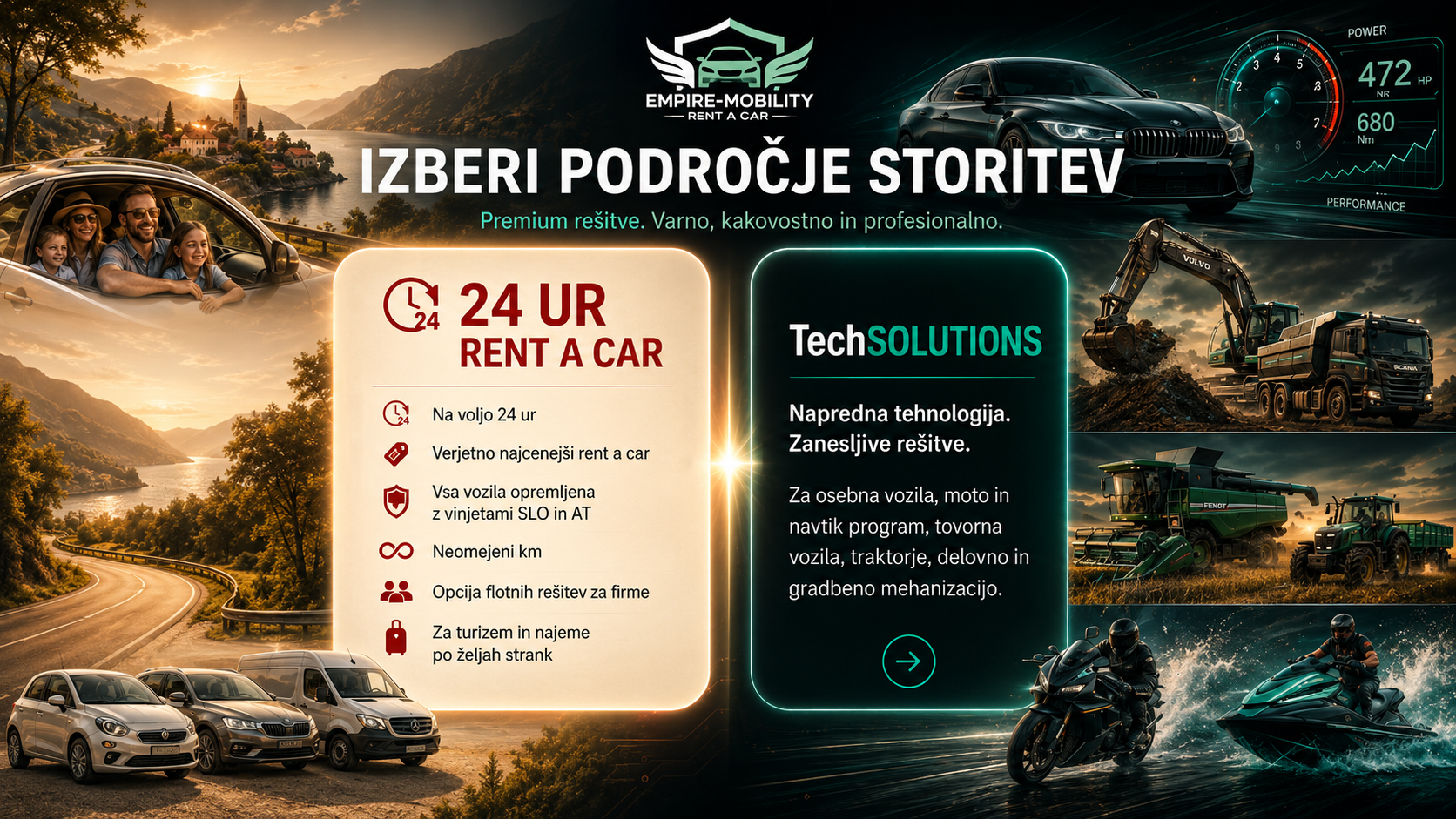 Empire Mobility - izberi področje storitev: 24 UR Rent a Car ali TechSOLUTIONS
